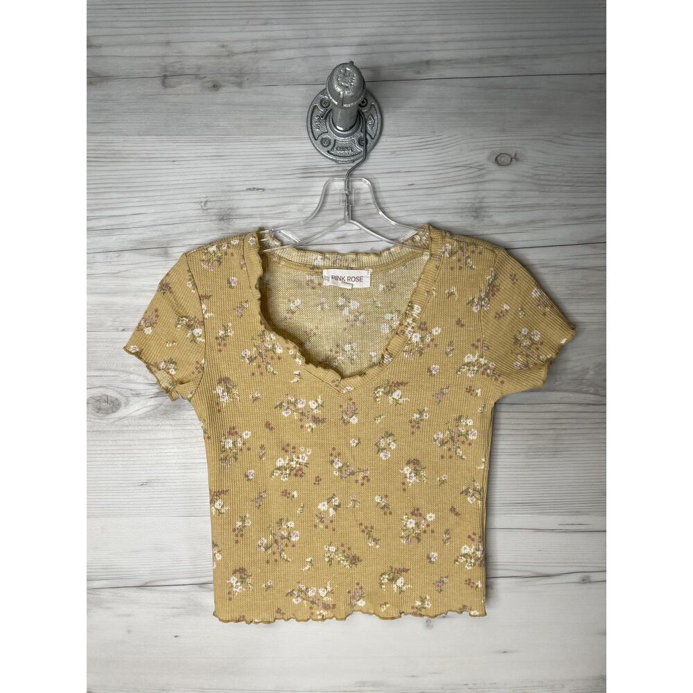 Pink Rose Shirt Womens Small Yellow Floral Ribbed Lettuce Hem‎ Crop Top Cute